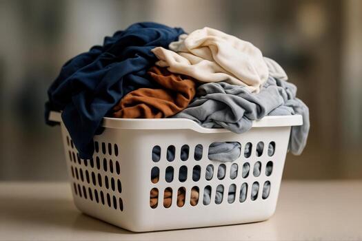 un blanco lavandería cesta desbordante con ropa en un habitación, capturado con superficial profundidad de campo para un acogedor, todos los días escena foto
