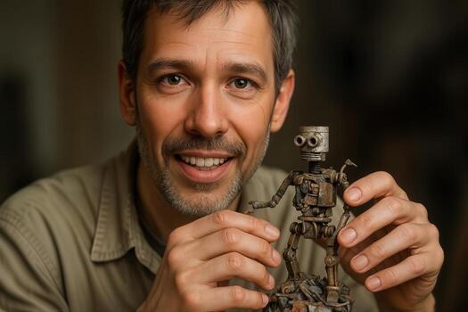 Artist Showcasing a Handmade Junk Sculpture Robot in a Creative Workshop Setting With Shallow Depth Of Field highlighting the craftsmanship photo