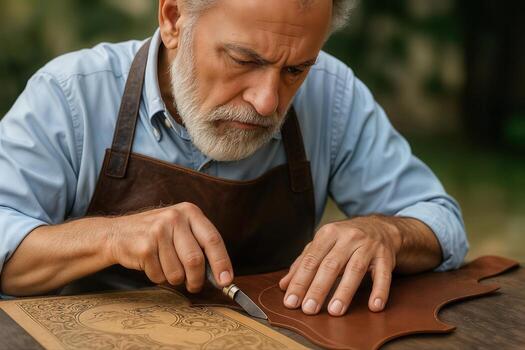 A skilled artisan carefully carves intricate patterns into leather, showcasing the art of leathercraft in a workshop setting photo