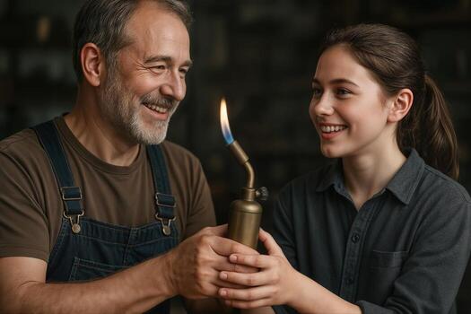 A Smiling Elderly Man Teaches A Younger Woman To Use A Blowtorch In A Workshop Setting With A Warm Atmosphere, Demonstrating A Skills Transfer photo