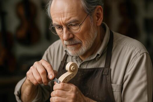 Maestro artesano meticulosamente tallado un violín Desplazarse en un taller configuración, demostrando tradicional artesanía tecnicas foto