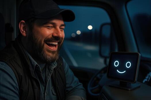 A Trucker Laughs With A Smiling Digital Companion Inside The Cabin During A Night Journey, Captured With Shallow Depth Of Field photo