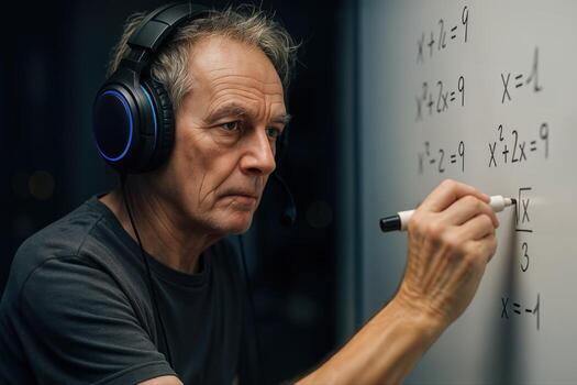 An Older Man Wearing Headphones Solving Mathematical Equations On A Whiteboard At Night With Focused Expression, In A Dimly Lit Room photo