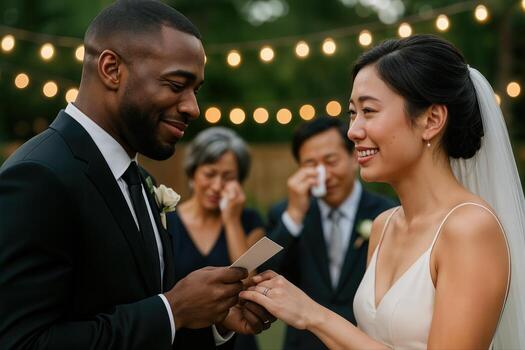 un novia y novio intercambiar votos durante un multicultural patio interior Boda con cuerda luces y emocional familia miembros en el antecedentes foto