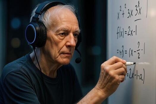 Elderly man wearing headphones writes mathematical equations on a whiteboard during nighttime, showcasing focus and concentration in a tech setting photo