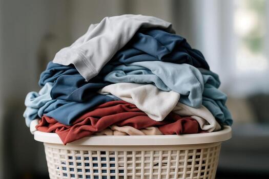 desbordante lavandería cesta lleno con vistoso ropa, capturar un ocupado casa faena escena adentro con superficial profundidad de campo foto