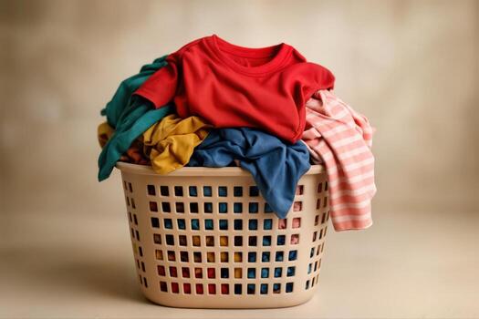 desbordante lavandería cesta lleno con vistoso ropa en un acogedor interior ajuste con superficial profundidad de campo efecto para calentar ambiente foto