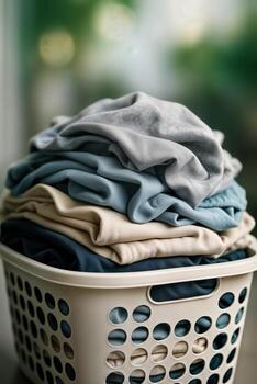 desbordante lavandería cesta lleno con varios doblada ropa, en un Doméstico ajuste con un borroso verde fondo, capturar un sentido de casa quehaceres foto