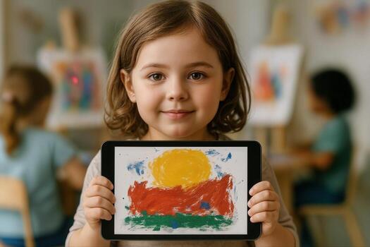 Child Displaying a Colorful Painting on Tablet in a Preschool Art Class With Blurred Background of Other Kids Engaged in Art Activities photo