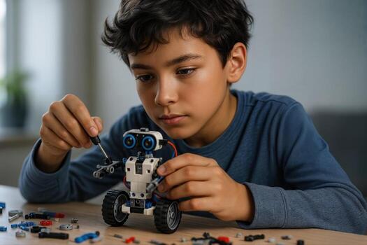 Young Boy Engages in Building a Toy Robot at Home, Focusing Intently on Assembling the Parts in a Creative Learning Environment photo
