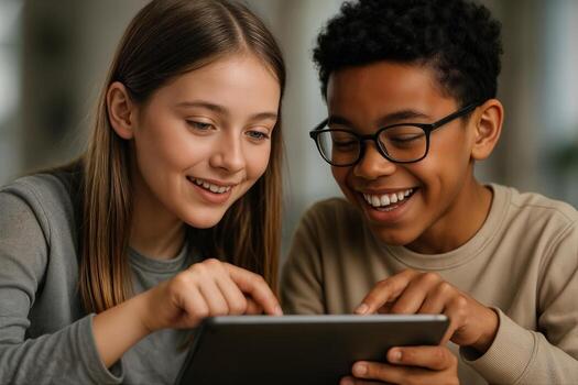 Two Preteens Enthusiastically Engaging With a Tablet to Solve Puzzles Together Indoors, Smiling and Concentrated On Their Task photo