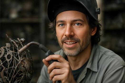 Artist Engaged In Sculpting Scrap Metal With Welding Torch In A Workshop, Demonstrating Creativity And Handcrafting Skills photo
