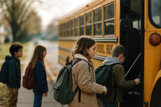 Children Boarding a School Bus on an Autumn Day with Warm Lighting and Leafy Surroundings, Signifying a New School Day Adventure photo
