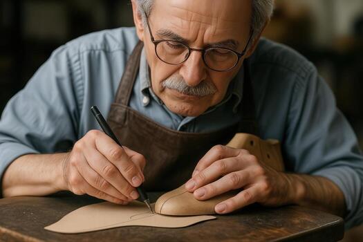 Experienced Shoemaker Carefully Crafting Leather Pattern in Workshop with Focused Expression, Highlighting Traditional Craftsmanship photo