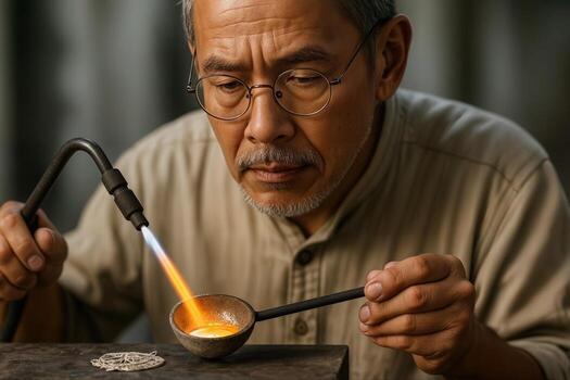 A Skilled Silversmith Focuses Intently on Crafting a Piece of Intricate Silver Jewelry Using Traditional Techniques, With Shallow Depth Of Field photo