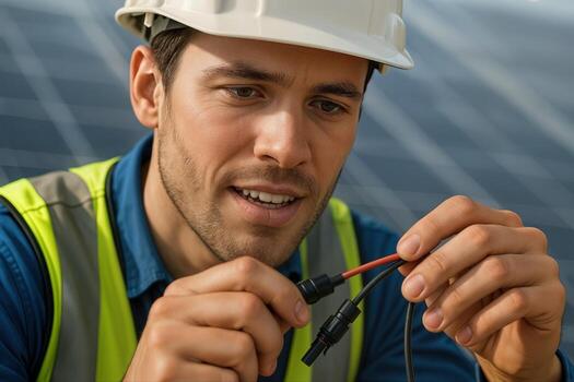 Solar Technician Working with Cables at a Solar Panel Installation Site, Wearing Safety Gear and Focusing Intently on the Task photo