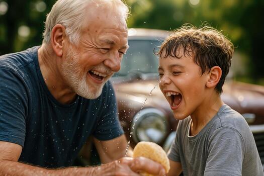 Joyful scene of an elderly man and a child having fun washing a car on a sunny summer day, with water splashing around, capturing a moment of happiness and bonding photo