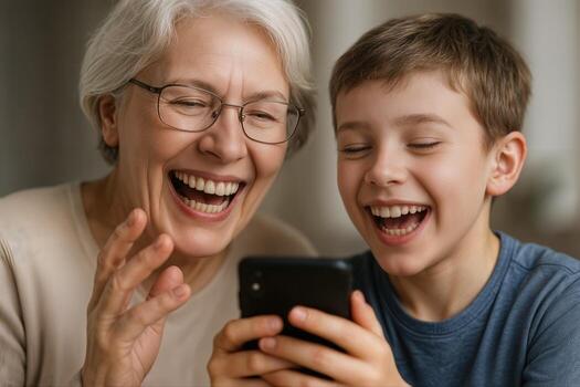 Joyful senior woman and young boy laughing while looking at a smartphone in a bonding moment indoors, highlighting generational tech connection photo
