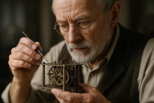 An elderly man with glasses carefully working on a small, intricate mechanical device, displaying focused attention to detail in a workshop setting photo