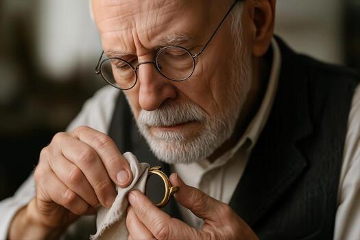 Elderly Craftsman Carefully Polishes a Pocket Watch, Demonstrating Skill and Dedication to Traditional Craftsmanship With Shallow Depth Of Field photo