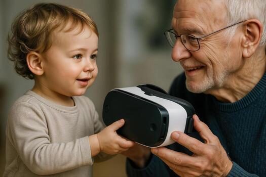 A Toddler Interacts With An Elderly Man Holding A Virtual Reality Headset Indoors, Highlighting Generational Bonding And Technology Exploration photo