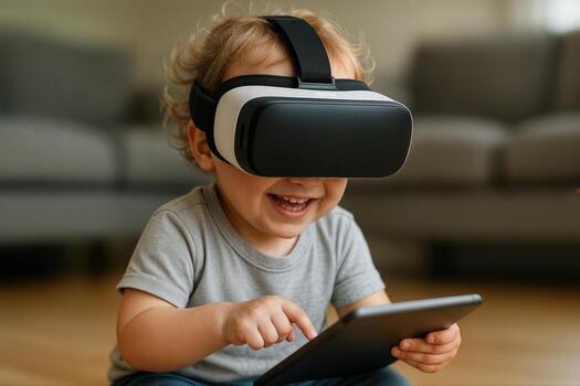 A Toddler Engaging With Virtual Reality Using VR Goggles And A Tablet, Smiling Excitedly In A Living Room Setting With Shallow Depth Of Field photo