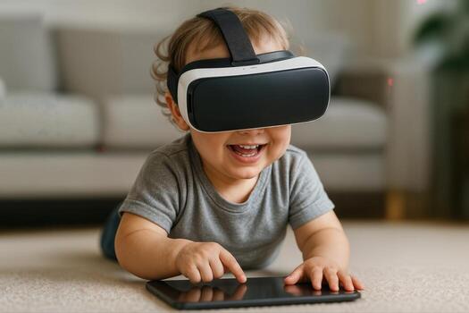 Toddler Enthusiastically Engaging With Virtual Reality Headset While Using A Tablet Indoors, With A Joyful Expression And Shallow Depth Of Field photo