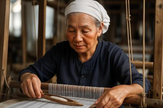 Traditional Weaver Working Diligently at a Loom in a Rustic Workshop Setting, Showcasing the Craft of Weaving with Focus and Precision photo