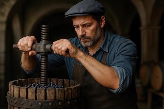 A Traditional Winemaker Pressing Grapes With a Wooden Wine Press in a Rustic Cellar, Capturing the Essence of Handcrafted Winemaking photo