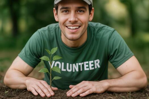 sonriente voluntario plantando un joven árbol en un parque, enfatizando comunidad y ambiental acción durante un tiempo de día evento foto