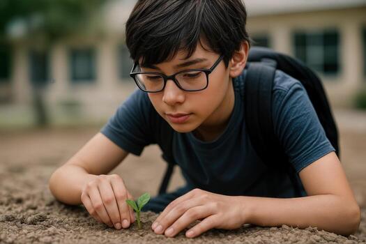 Young Boy Planting Seeds Outdoors With Focused Expression In A Garden Setting, Demonstrating Hands On Learning About Nature photo