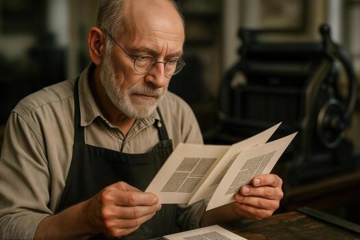 Elderly man engaged in traditional printing techniques, examining printed pages with deep concentration in a workshop setting photo