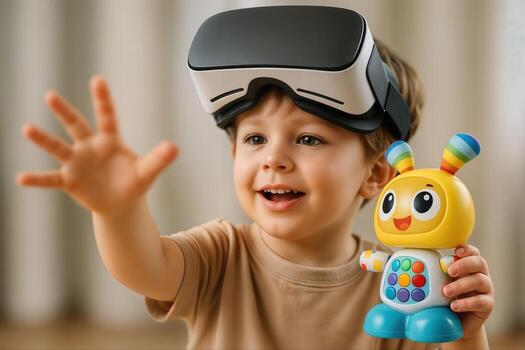 A child wearing a virtual reality headset enthusiastically reaches out while holding a colorful toy robot indoors, showcasing immersive play with VR technology photo