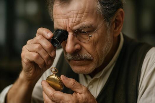 A Skilled Watchmaker Examines a Pocket Watch with a Magnifying Glass in a Workshop Setting, Focusing Intently on Detailed Craftsmanship photo