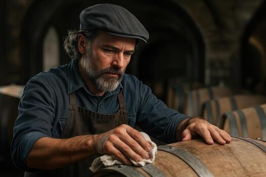 Winemaker Focused On Carefully Cleaning An Oak Barrel In A Dimly Lit Cellar With a Thoughtful Expression And Shallow Depth Of Field photo