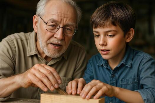 An Elderly Man Teaches a Young Boy Woodworking Skills in a Workshop Setting, Showcasing Intergenerational Learning and Craftsmanship photo