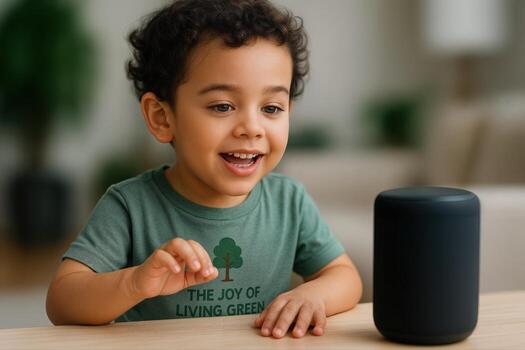 Young child enthusiastically interacting with a smart speaker in a cozy home setting, showcasing a moment of playful learning and curiosity photo