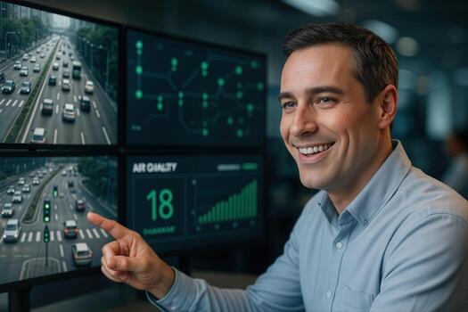 AI Traffic Management Specialist Analyzing Live Traffic Data on Multiple Screens in a Modern Control Room with a Focus on Real Time Analysis and Efficiency photo