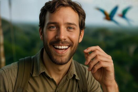 Amazon Canopy Exploration with a Smiling Man in the Jungle Near Colorful Parrots in the Background Under Bright Sunlight photo