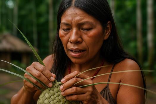 A Basket Weaving Artisan Focused on Crafting in an Outdoor Setting Surrounded by Lush Greenery, Showcasing Traditional Handicraft Techniques photo