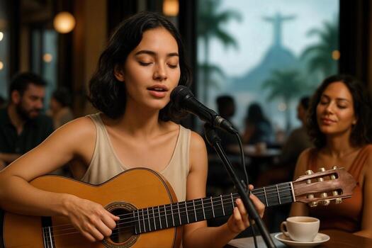 Cozy Cafe Scene With A Musician Playing Guitar And Singing, Creating A Relaxed Atmosphere With Guests In A Dimly Lit Setting, Window View Of Iconic Landmark photo