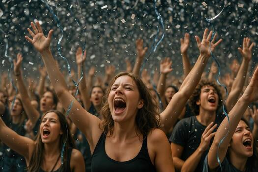 Concert audience celebrating with confetti in an energetic atmosphere, featuring people with raised hands and joyous expressions at an indoor music event photo