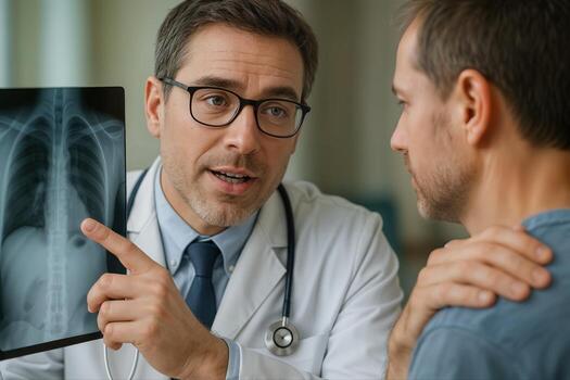 Doctor Explains X Ray Results to a Patient Indoors in a Medical Setting with a Focus on Communication and Patient Care Interaction photo