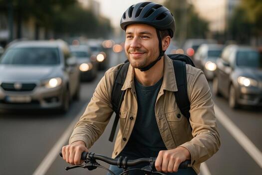 Eco Friendly Commute as a Man Rides a Bicycle on a City Street Paste Peak Traffic, Wearing a Helmet with a Smile in a Sunlit Setting photo