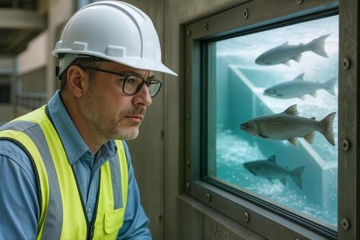 Engineer in a hard hat and safety vest observing fish through an underwater viewing window at a dam, showcasing eco friendly design and conservation efforts photo