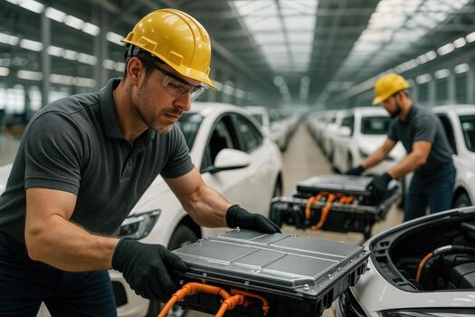 Car Assembly Line Workers Installing Batteries in Electric Vehicles Inside a Modern Factory with Natural Light and High Ceilings photo