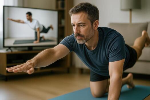 Home Exercise Session for Back Pain Recovery Featuring a Man Following an Online Workout Program Indoors, Highlighted by Focused Concentration on Form photo