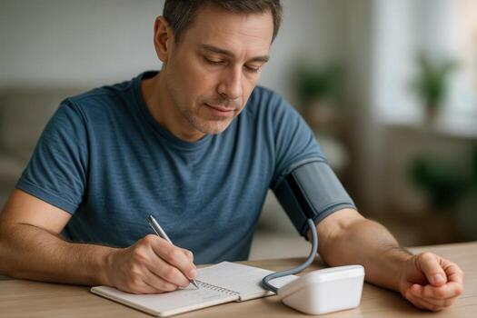 Home Blood Pressure Check With Man Using Monitor Indoors Writing Results In Notebook On Wooden Table In Natural Light Setting photo