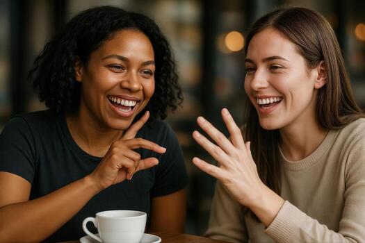 Cafe Setting Featuring Two Women Having a Friendly Conversation Indoors With Warm Lighting and Smiles Creating a Welcoming Atmosphere photo