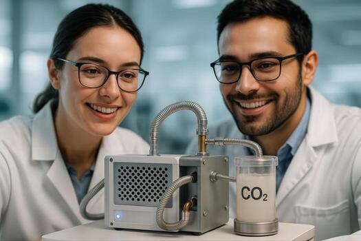 Innovative Carbon Capture Technology Demonstration in a Laboratory Setting with Two Scientists Observing a Device for CO2 Extraction photo